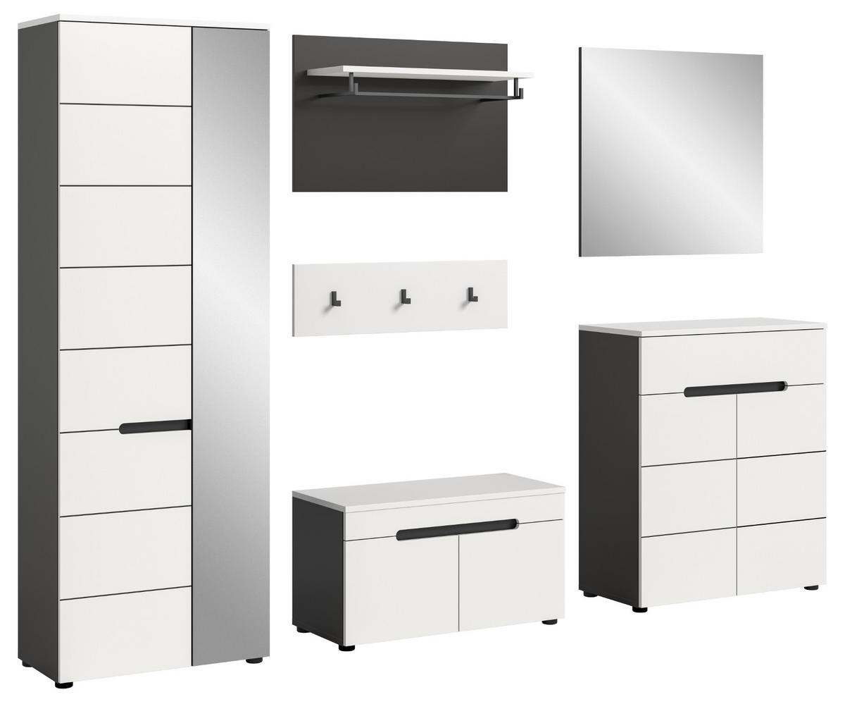 GARDEROBEN-SET 6-teilig in weiß, grau 255 cm, Komplettset mit Soft-Close, Cooper - Schwarz/Weiß, Glas/Holzwerkstoff (255/190/37cm) - Inn.Furn