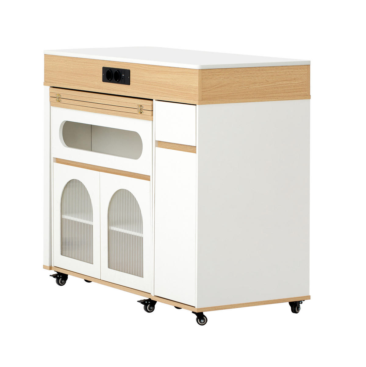 KÜCHENINSEL 50,5-187,5/110,5/95,5 cm aus MDF mit ausziehbarer Tischplatte und Steckdosenleiste Weiß/Natur - Weiß, Holzwerkstoff (110.5/95.5/50.5cm) - Modenvie