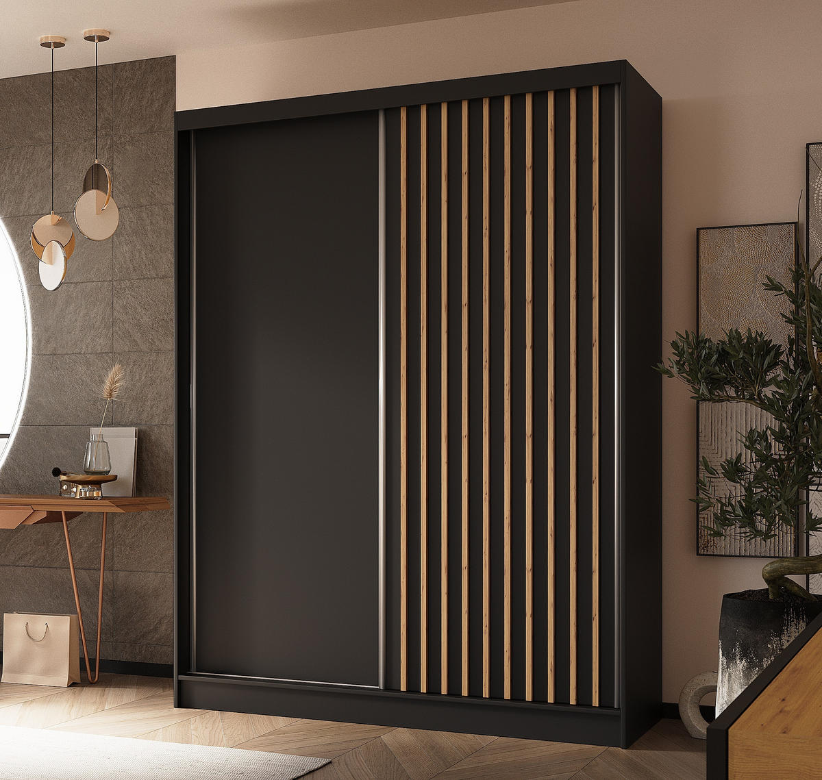 SCHWEBETÜRENSCHRANK Cabinio Schwarz Eiche Artisan 160/216/61 cm – Modern, mit Lamellen - Walnussfarben/Schwarz, Holzwerkstoff/Kunststoff (160/216.1/61cm) - AX Living