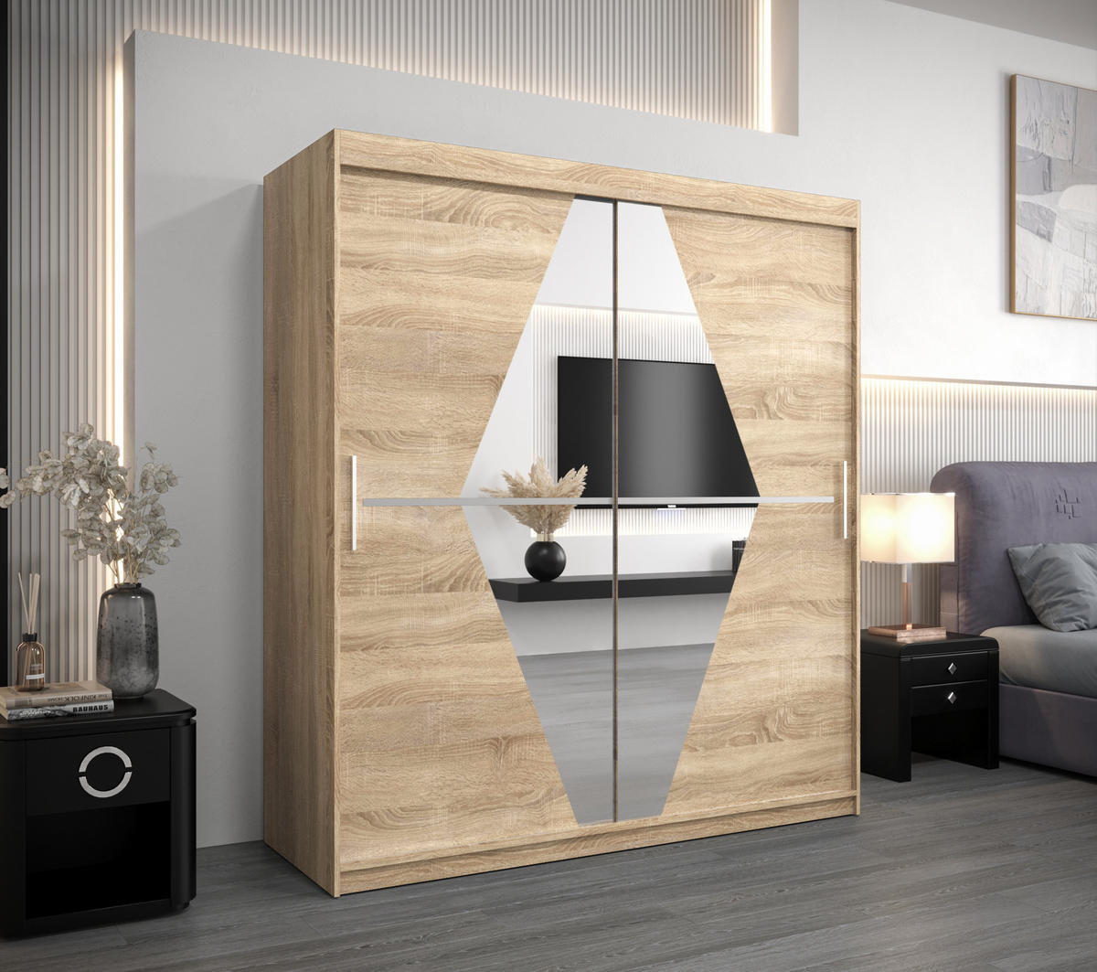 SCHWEBETÜRENSCHRANK 200/180/62 2-türig - Silberfarben/Sonoma Eiche, Holz/Kunststoff (180/200/62cm) - MÖBEL KRYSPOL