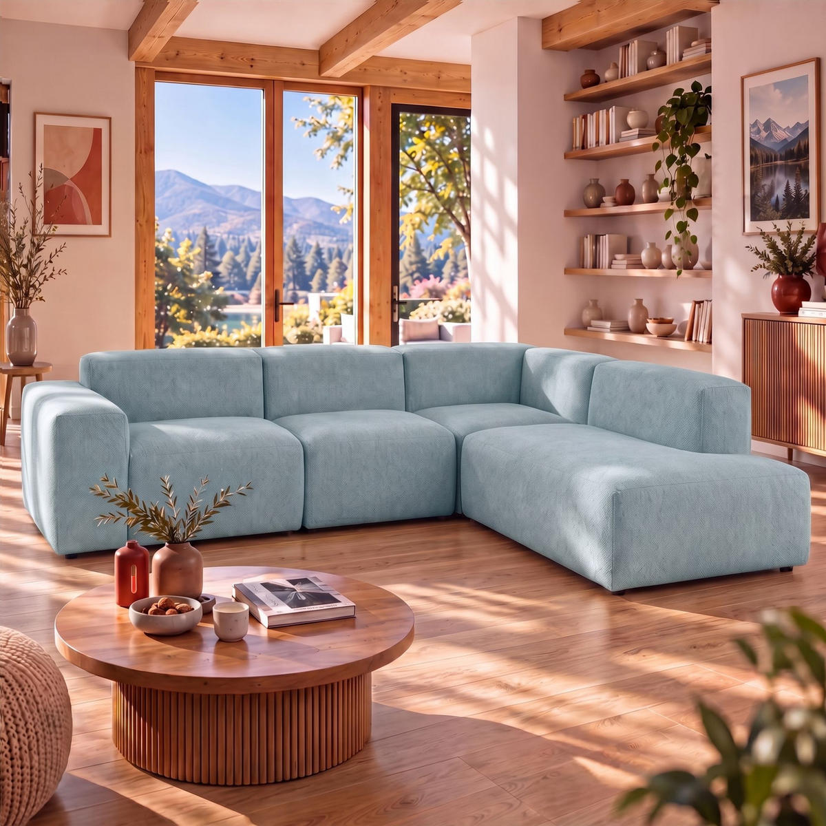 4-SITZER modulares Ecksofa HEAVEN SET 2 Rechts, Breite 300 cm Webstoff Blaugrau - Blaugrau/Schwarz, Holz/Kunststoff (245/300cm) - Muffo