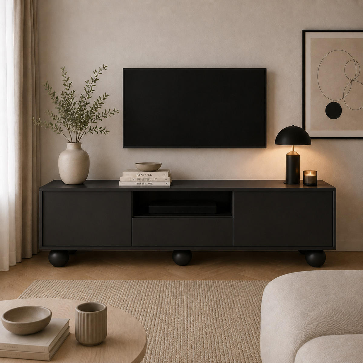 LOWBOARD Adel mit 2 Türen 1 Schublade und runden Füßen, 154 cm, Griffloss, Schwarz - Schwarz, Holzwerkstoff (154/46/38cm) - Beautysofa