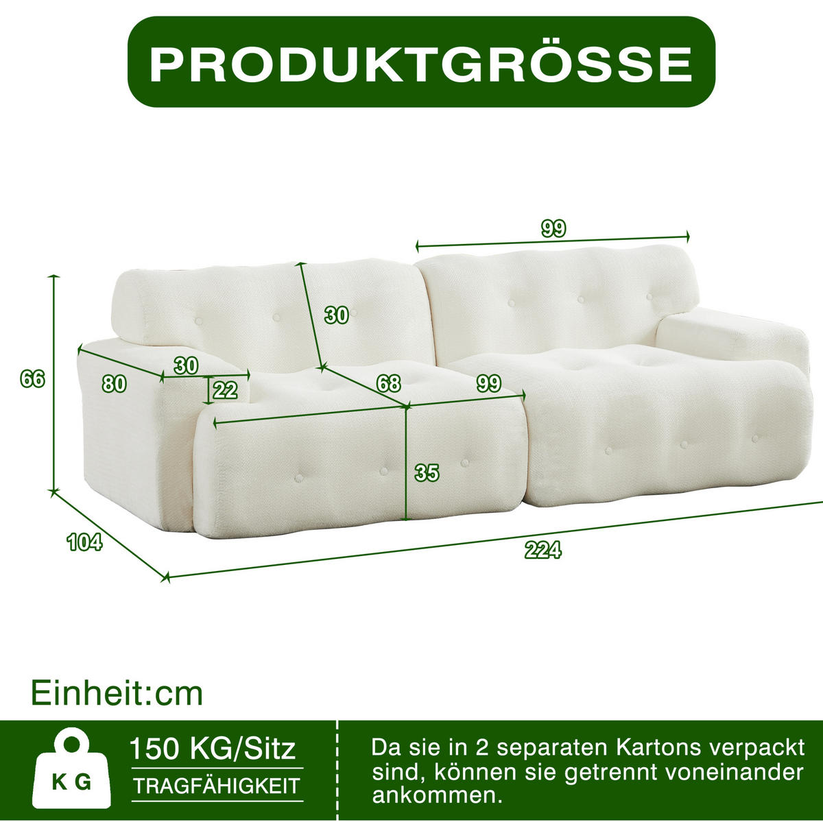 SOFA Zweisitzer modular 224 x 104 cm Chenille Beige - Weiß, Holzwerkstoff (104/66/224cm) - Meubliv