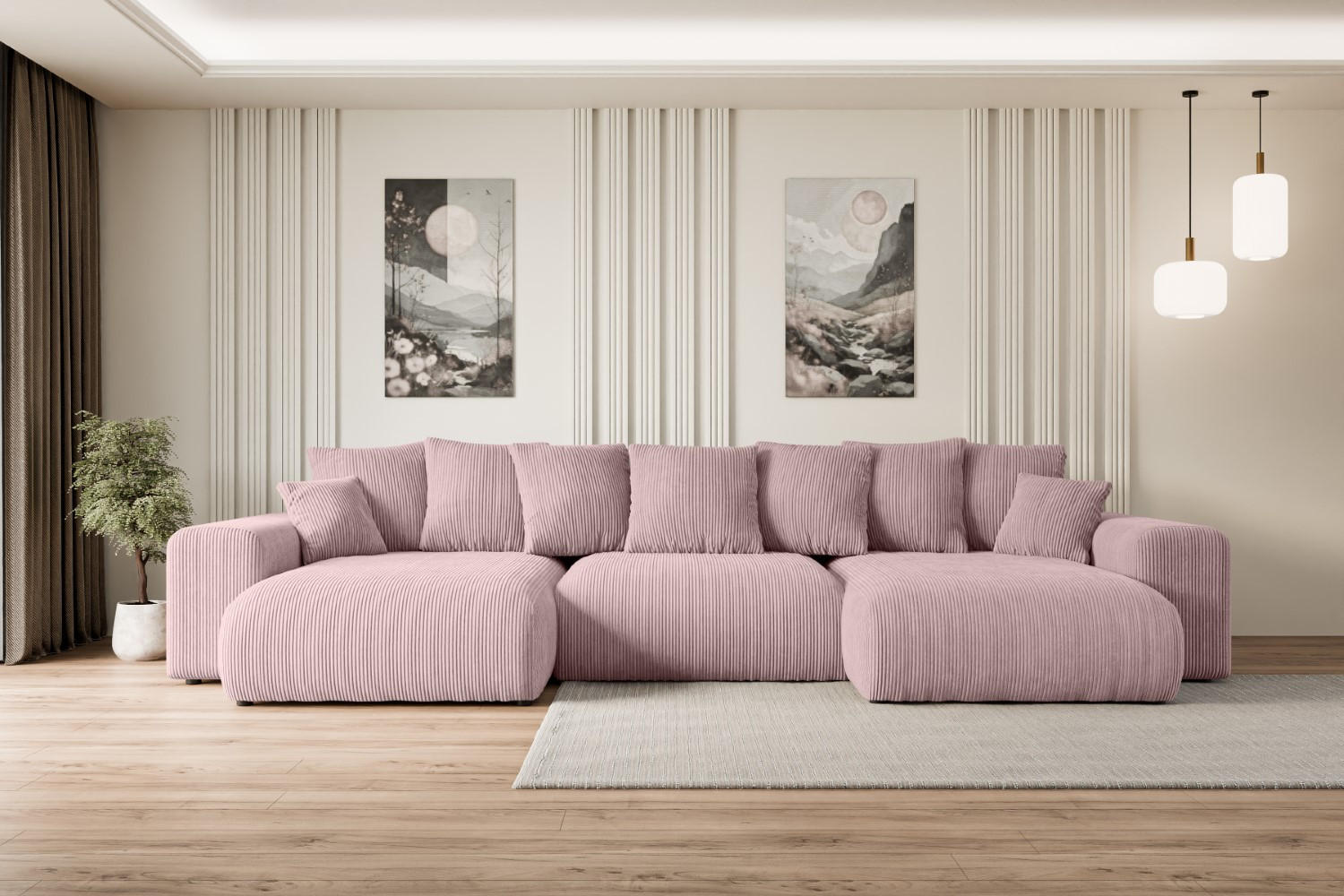 WOHNLANDSCHAFT mit Schlaffunktion und Bettkasten ESKAR-U -352x165x84cm Rosa Cord - Schwarz/Rosa, Holzwerkstoff/Kunststoff (352/84/165cm) - ALTDECOR