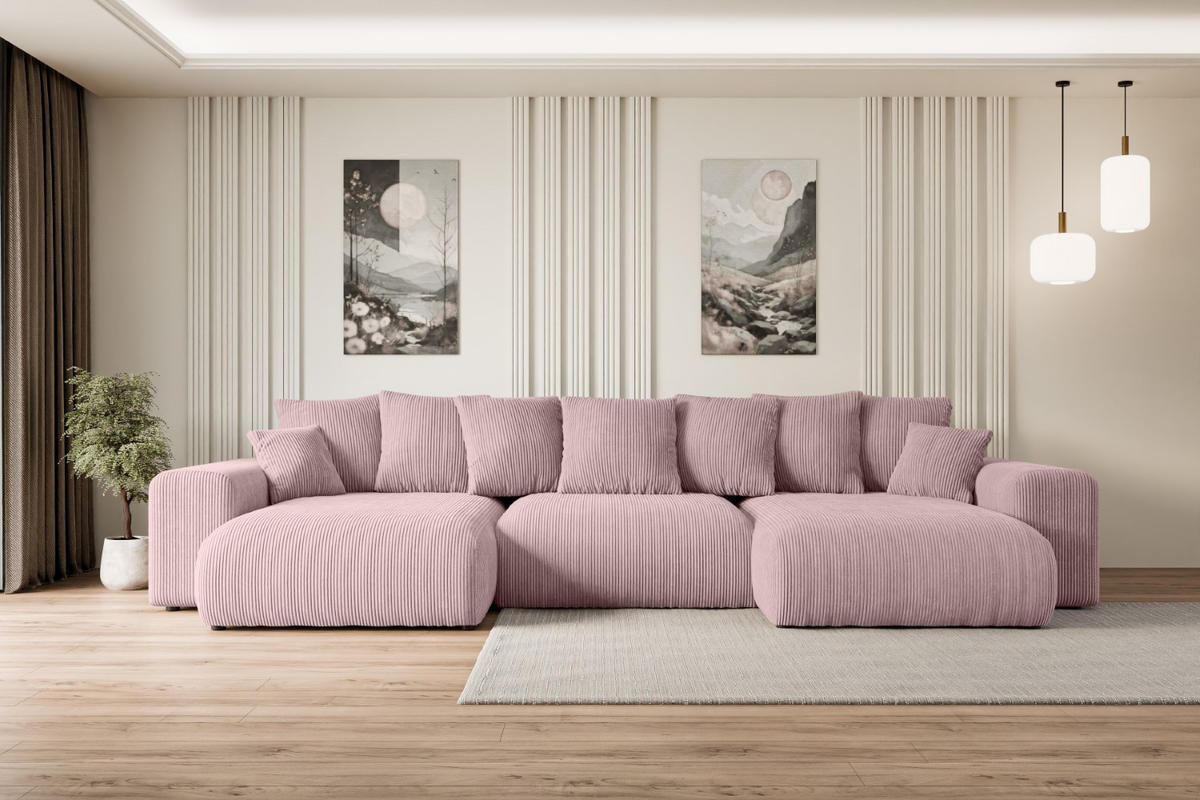 WOHNLANDSCHAFT mit Schlaffunktion und Bettkasten ESKAR-U -352x165x84cm Rosa Cord - Schwarz/Rosa, Holzwerkstoff/Kunststoff (352/84/165cm) - ALTDECOR