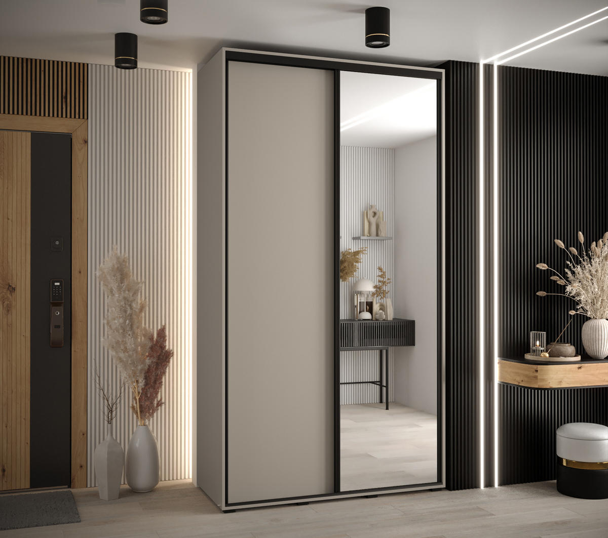 SCHWEBETÜRENSCHRANK 235,2/130/45 2-türig - Kaschmir/Schwarz, Holz/Metall (130/235.2/45cm) - MÖBEL KRYSPOL