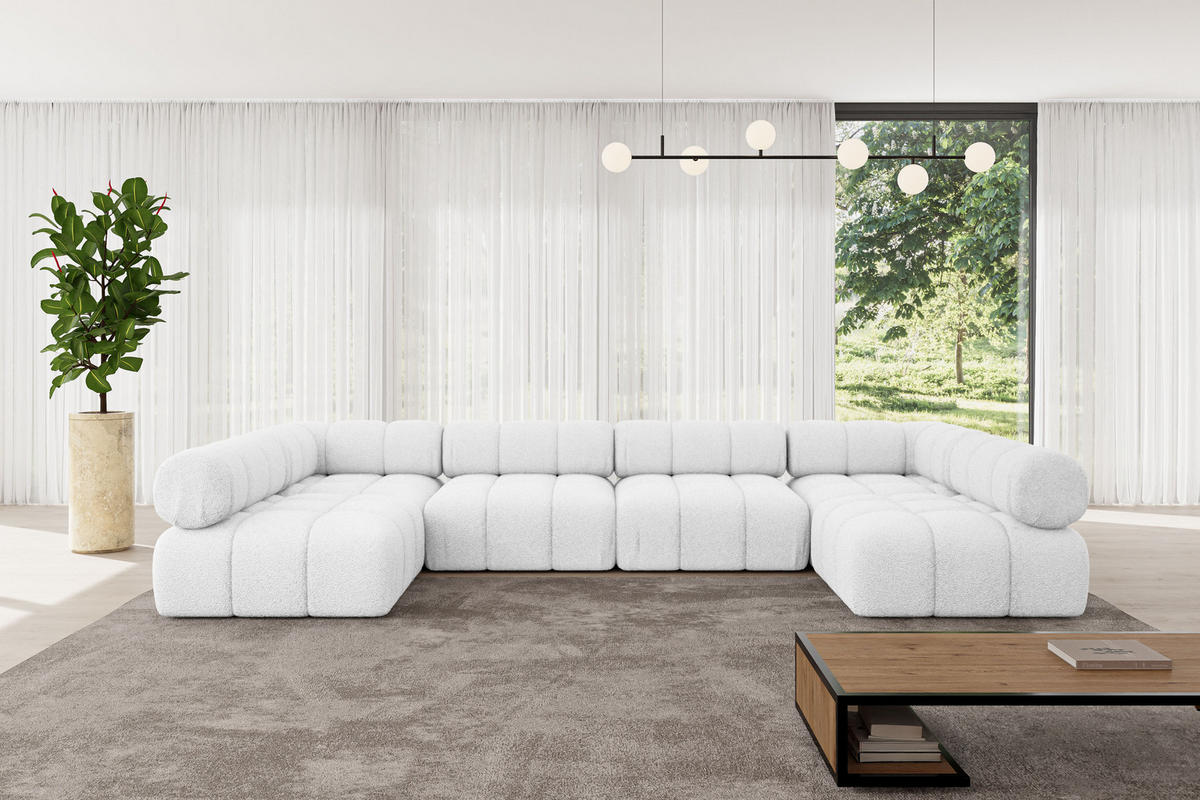 WOHNLANDSCHAFT modulares Sofa Garvo-U2 - 380x190x70 cm Weiß Bouclé - Weiß, Holzwerkstoff/Textil (380/70/190cm) - ALTDECOR