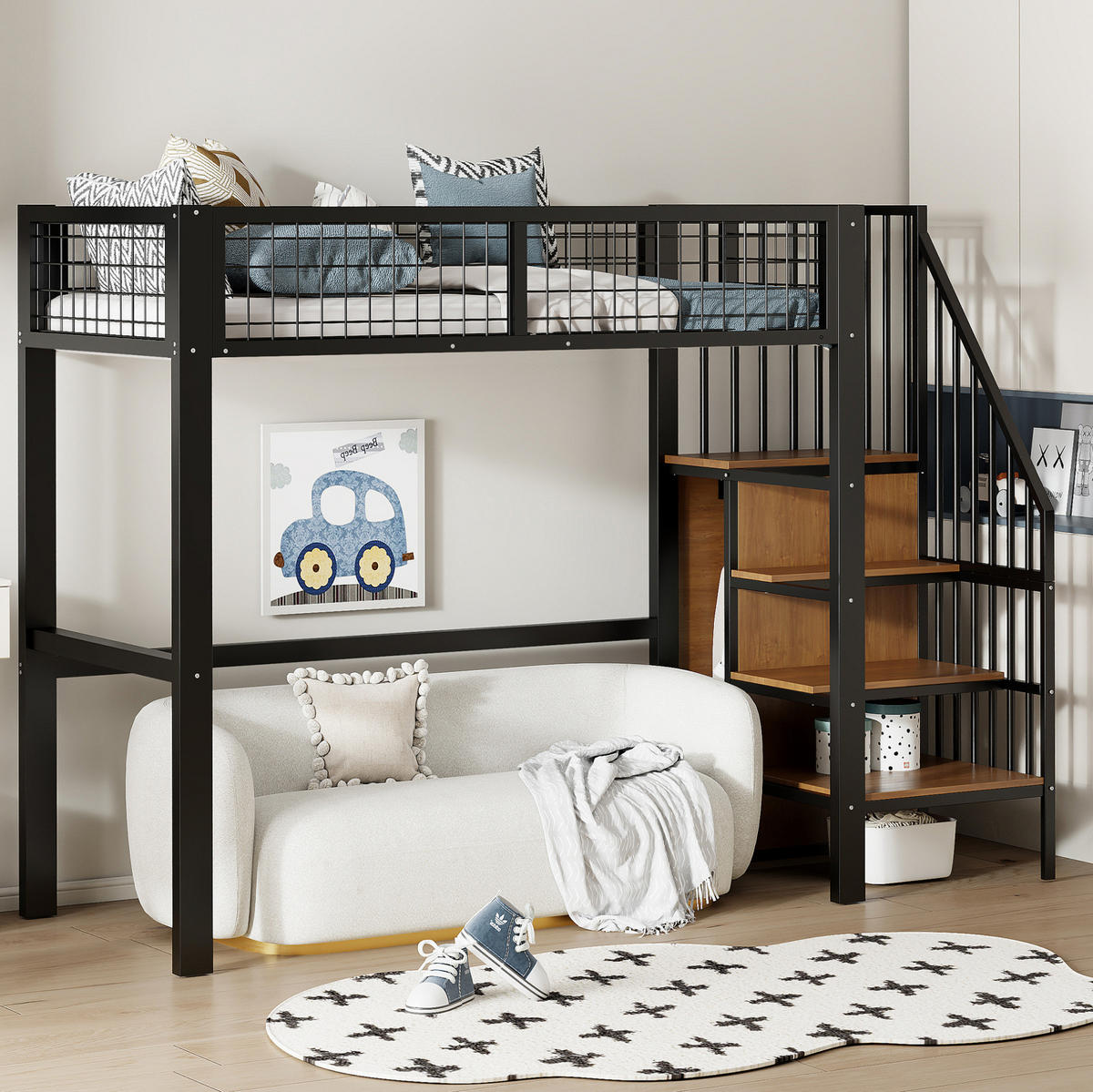 HOCHBETT 90/200 cm mit Leiter, Kleiderschrank und Regal, Metall, Schwarz - Schwarz, Metall (90/200cm) - Redom