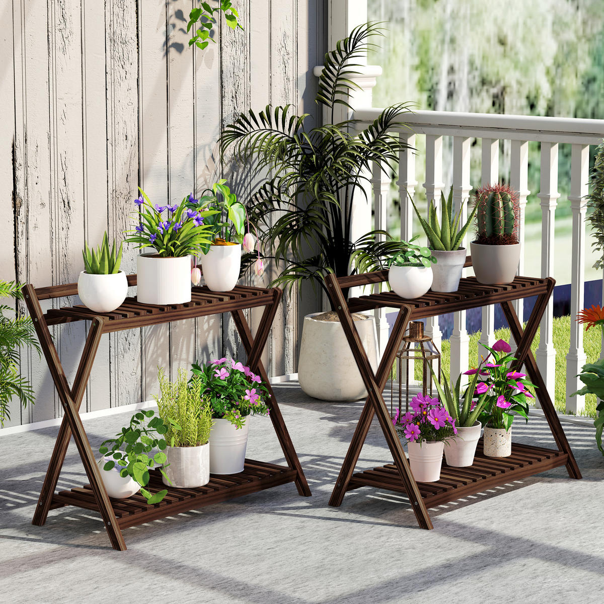 BLUMENTREPPE-SET DE-12199 2er-Set, 2-stufig mit Rückhaltebügel Braun - Braun, Holz (36/64/73cm) - ComfortXL