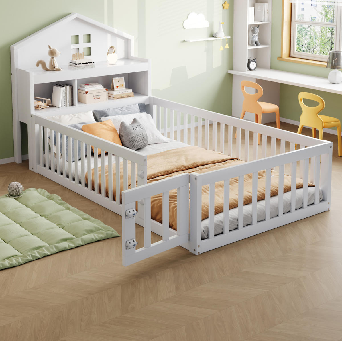 KINDERBETT 90/200 cm aus Massivholz mit Hausrahmen und Stauraum Weiß - Weiß, Holzwerkstoff (90/200cm) - Modenvie