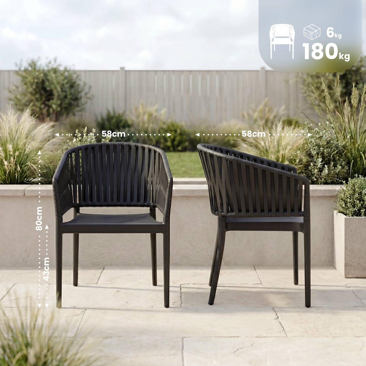 GARTENSTUHL 6er Set Kunststoff Schwarz - Schwarz, Kunststoff (58/80/58cm) - CLP
