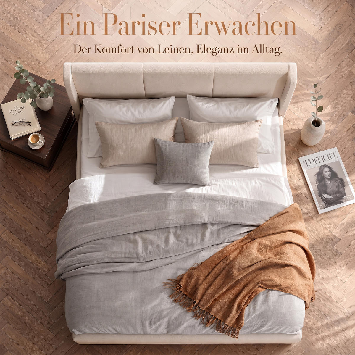POLSTERBETT 160x200 cm mit Bettkasten und gepolstertem Kopfteil, Lattenrost mit Stauraum, Leinenbezug in Beige - Beige, Holz/Textil (160/200cm) - GENKI LIVING