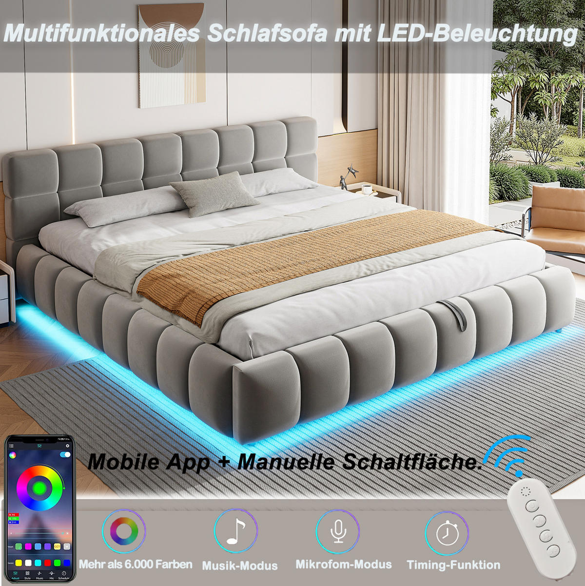 ČALOUNĚNÁ postel 180/200 cm s LED osvětlením a hydraulickým úložným prostorem, sametová šedá - šedá, textil (180/200cm) - Redom