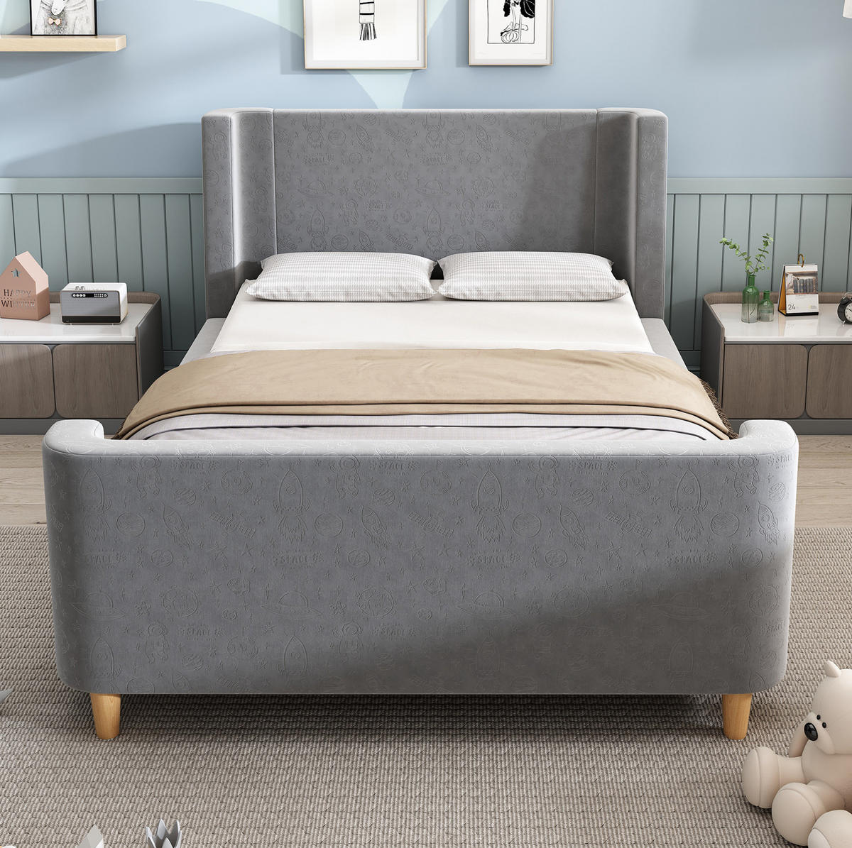 KINDERBETT in Schlittenform 90x200 cm Samt Grau mit Weltraummotiv - Grau, Holzwerkstoff (90/200cm) - Beauniv
