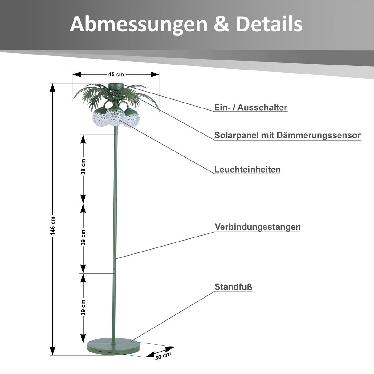 LED-SOLAR-PALME Stehleuchte grün 146 cm Metall - Dunkelgrün, Leder (45/45/146cm) - Elblight.de