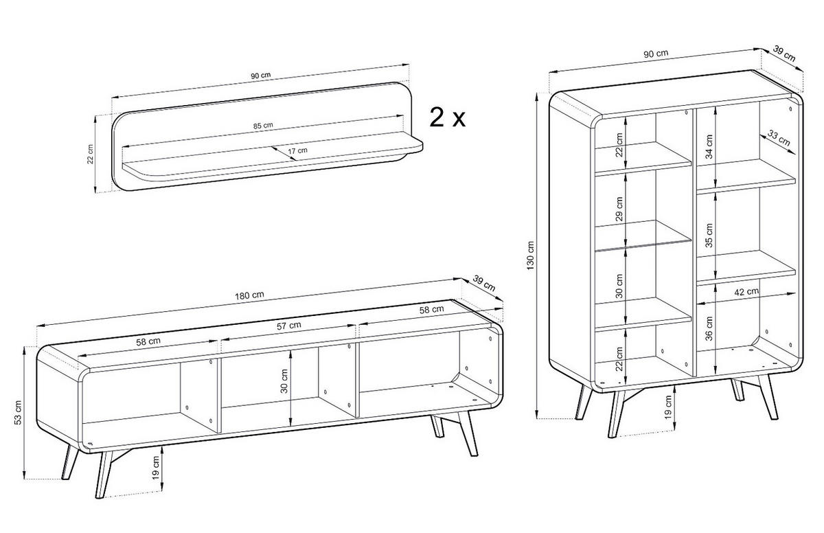 WOHNWAND Eiche natur 4-teilig 290 cm, Wohnkombination mit Push-to-Open - Eichefarben, Glas/Holz (290/170/39cm) - Furn.Design