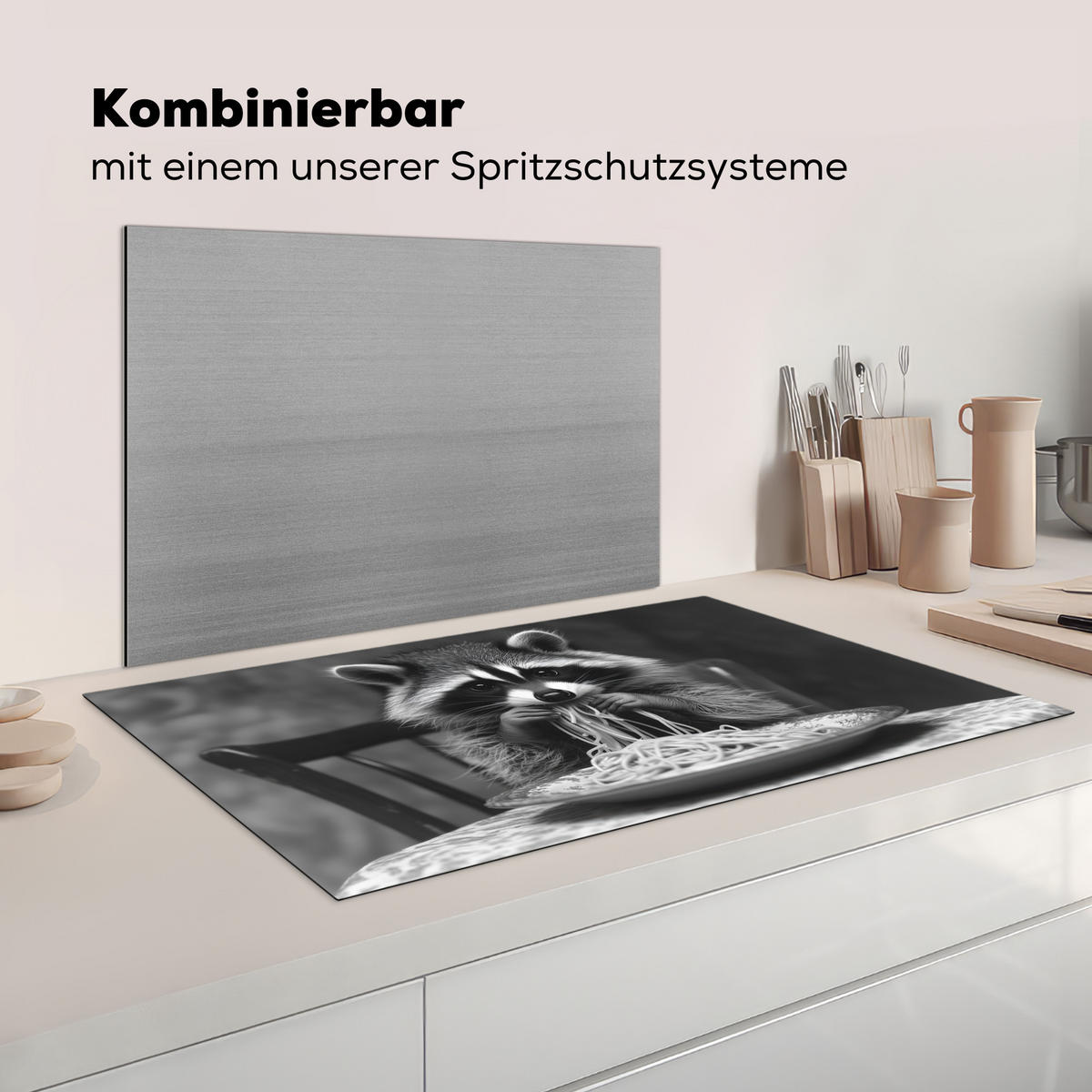 HERDABDECKPLATTE Waschbär - Niedlich - Pasta - Tischtuch - Schwarz - Weiß Ceranfeldabdeckung 90x52 cm - Grau, Kunststoff (90/52/0.2cm) - MuchoWow