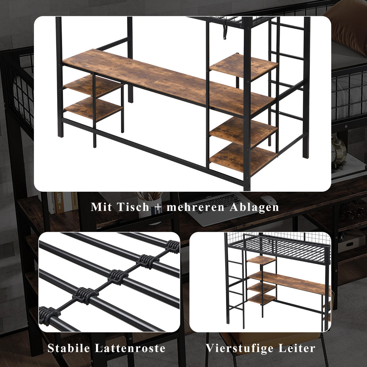 HOCHBETT 90/200 cm aus Metall und Holzwerkstoff mit Schreibtisch und Regal - Schwarz, Metall (90/200cm) - Flora Grace