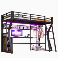 HOCHBETT 90/200 cm aus Metall und MDF mit Lichtleiste, Steckdose, Schreibtisch und Kleiderbereich, Schwarz - Schwarz, Holzwerkstoff (90/200cm) - Redom