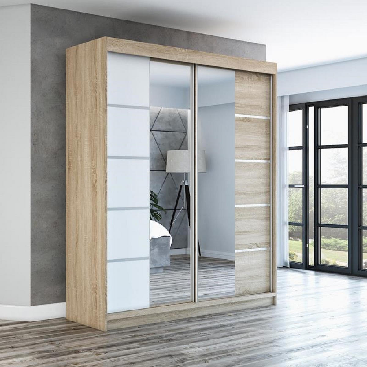 SCHWEBETÜRENSCHRANK 180 cm KOMFORT Farbe:Sonoma,weiß - Braun/Weiß, Holzwerkstoff (180/215/59.5cm) - A&J MöbelLand