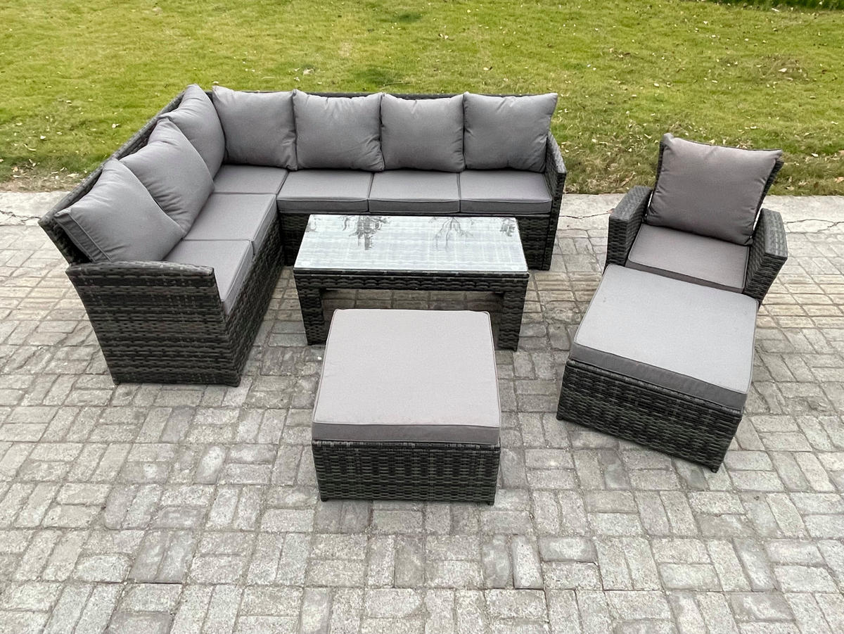 SITZGRUPPE mit Ecksofa,Länglicher Couchtisch ,2 Hockern,Stuhl Polyrattan 9-Sitzer - Dunkelgrau/Grau, Glas/Kunststoff - Fimous