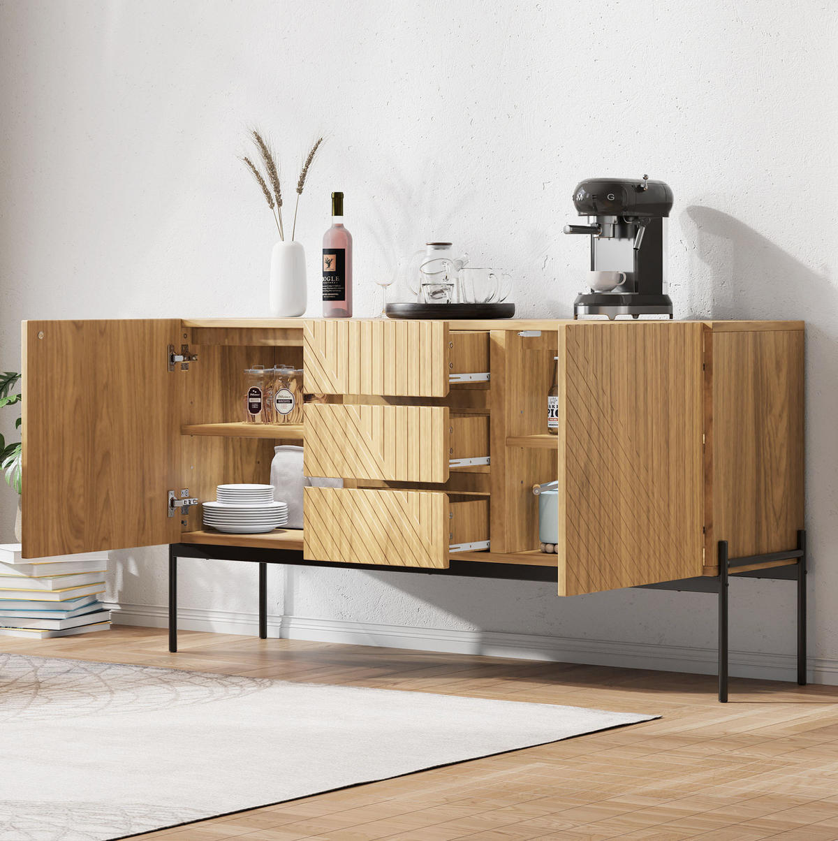 SIDEBOARD mit 2 Türen und 3 Schubladen, Natur, Metallbeine, 140/40/75 cm, Natur - Naturfarben, Holzwerkstoff (140/75/40cm) - Redom