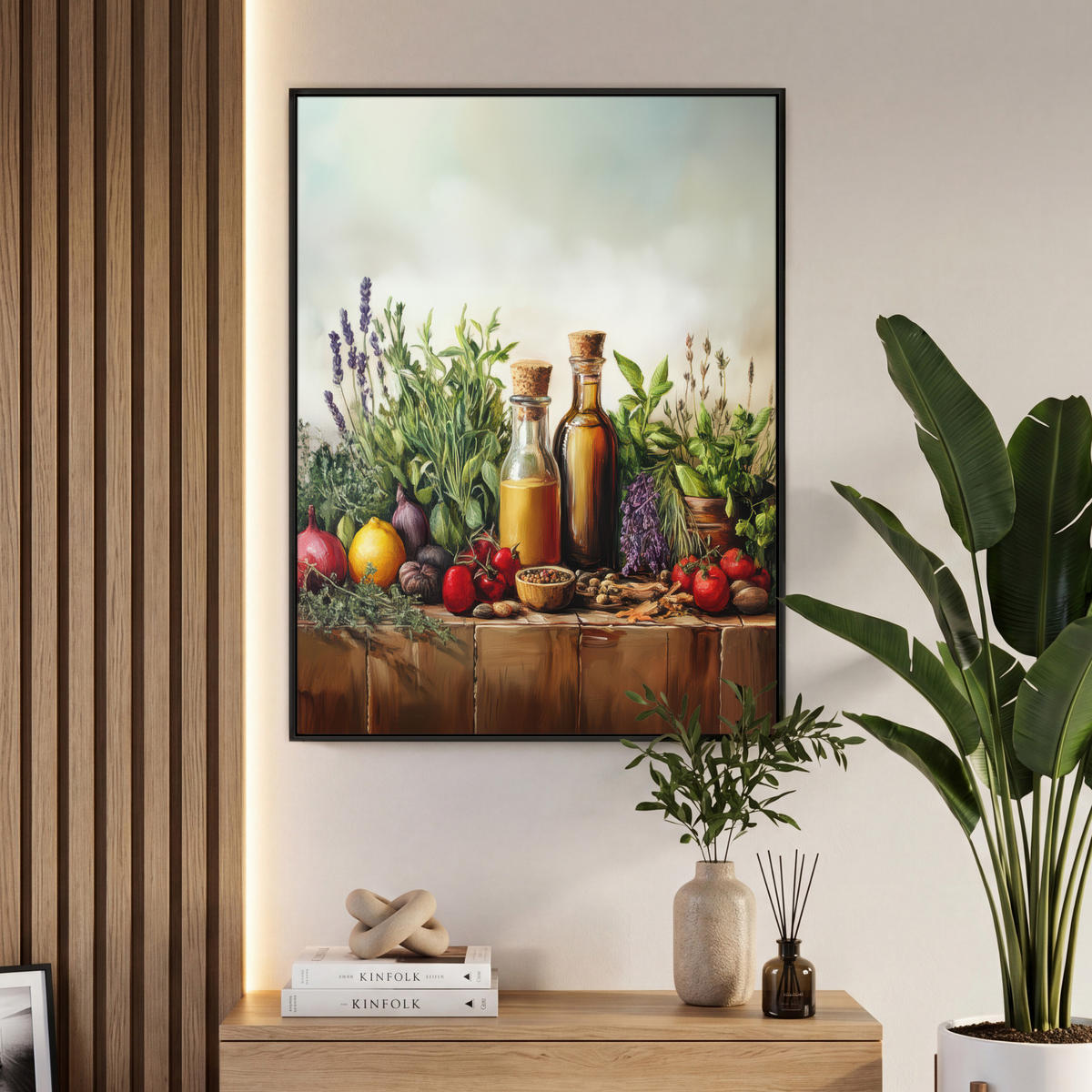 LEINWAND Bilder mit Rahmen - Stilleben - Kräuter - Gewürze - Früchte - Farbenfroh - 70x100 - Grün, Textil (70/100cm) - MuchoWow