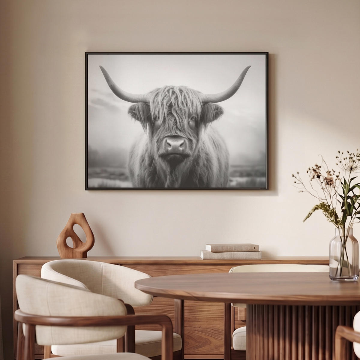 LEINWAND Bilder mit Rahmen - Schottischer Highlander - Nebel - Schwarz - Weiß - 80x60 - Grau, Textil (80/60cm) - MuchoWow