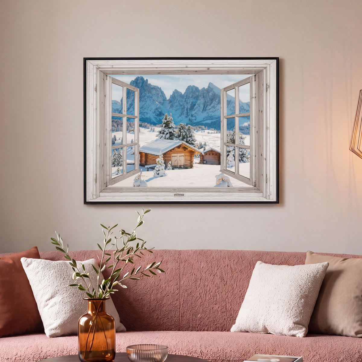 LEINWAND Bilder mit Rahmen - Winterlandschaft - Hütte - Berge - Ausblicke - Aussicht - Natur - 70x50 - Weiß Hochglanz, Textil (70/50cm) - MuchoWow