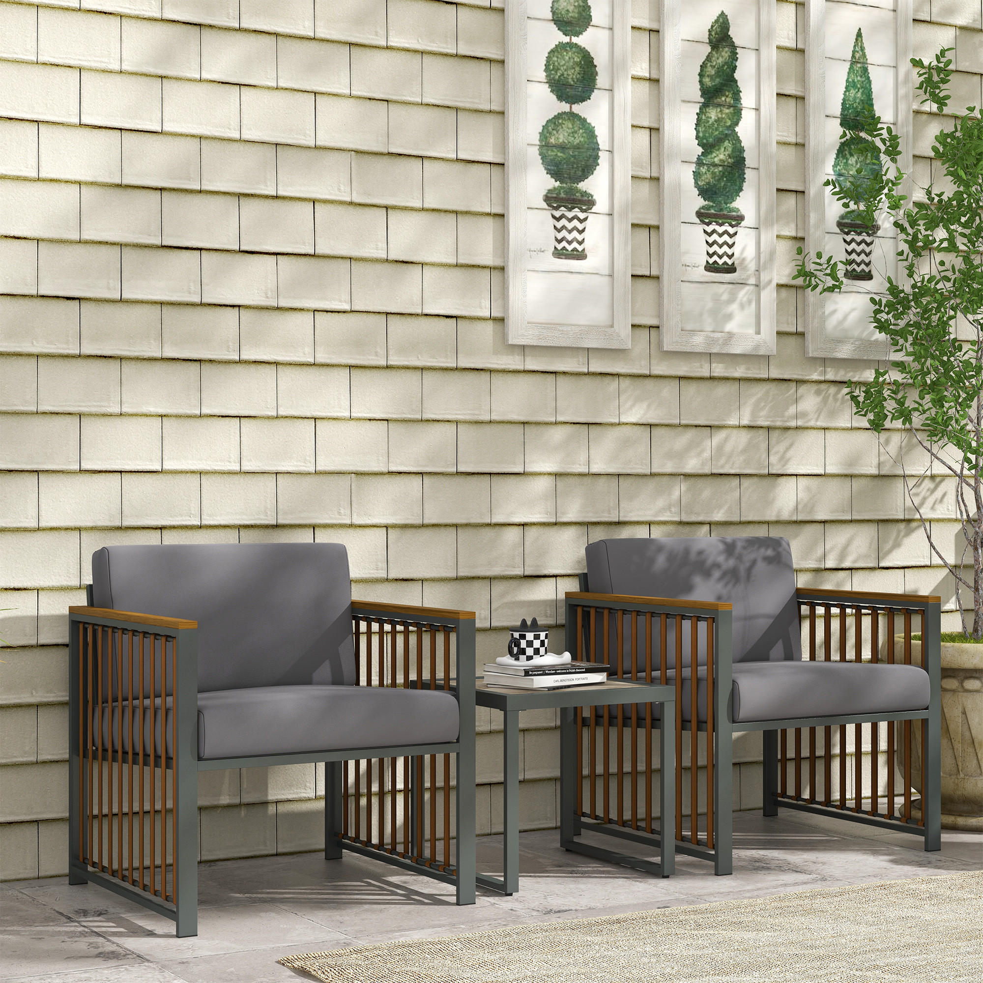 GARTENMÖBEL-SET 3-tlg., Bistro-Set inkl. Couchtisch, 2 Stühle, für Terrasse, Grau - Grau, Kunststoff - Outsunny