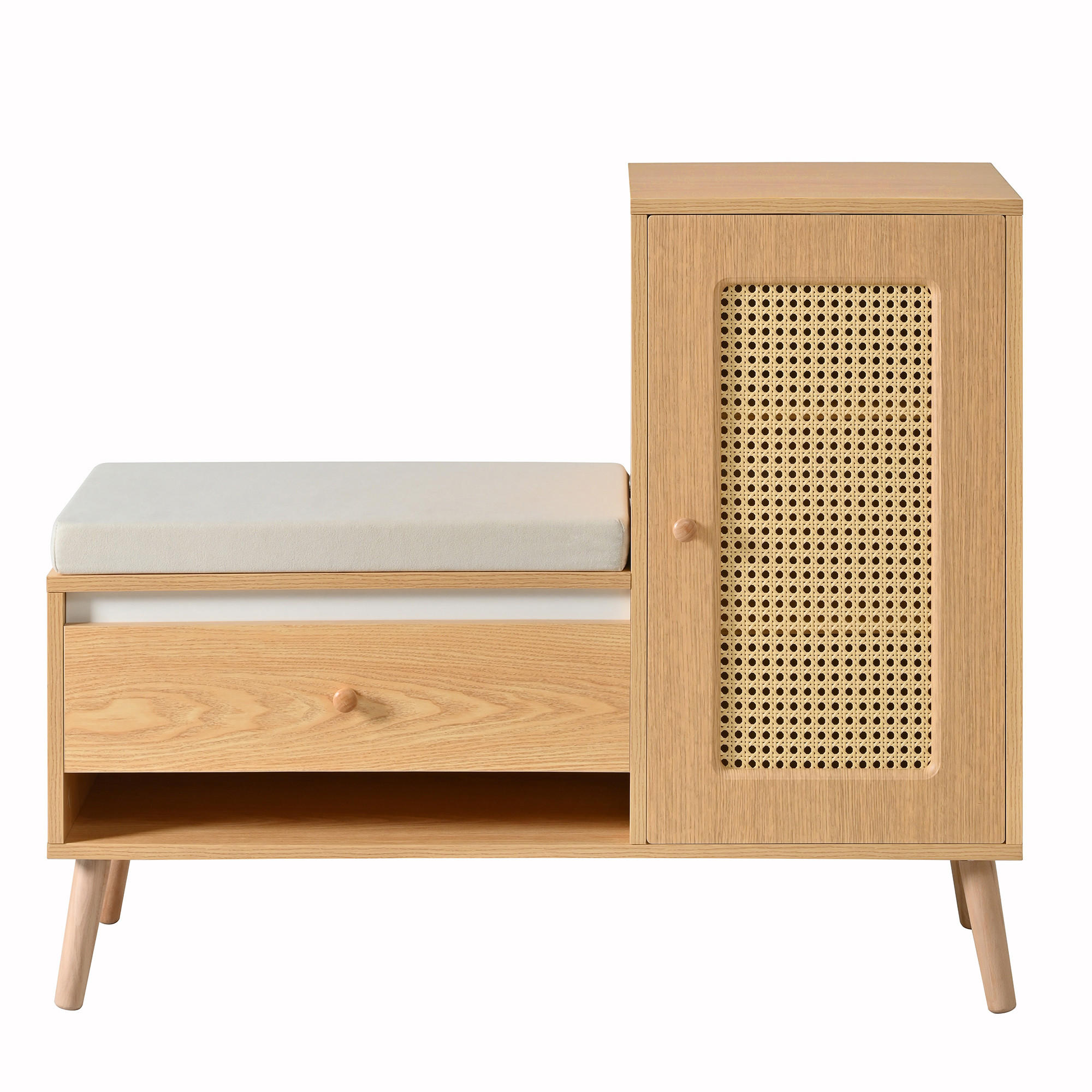 SCHUHSCHRANK in Holz-Optik – Schuhschrank mit Rattan-Tür & Sitzkissen - Naturfarben, Holzwerkstoff (95.5/80.5/35cm) - Urban Meuble