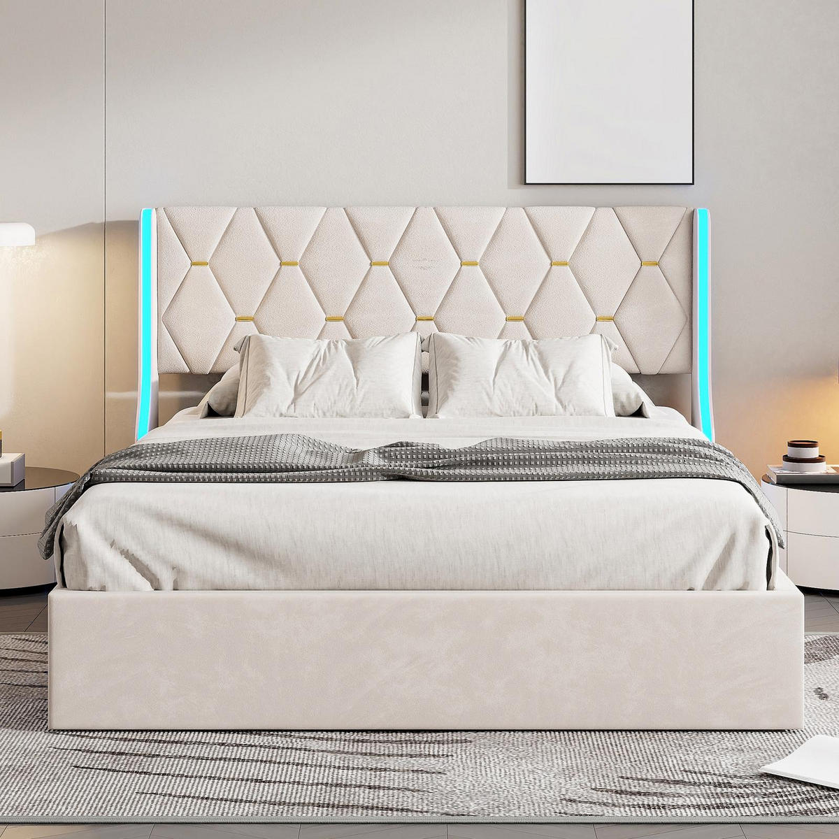 POLSTERBETT 140x200 cm mit Hydraulik-Stauraum Samt-Bezug LED-Beleuchtung an den Seitenflügeln Beige - Beige, Textil (140/200cm) - DELFA