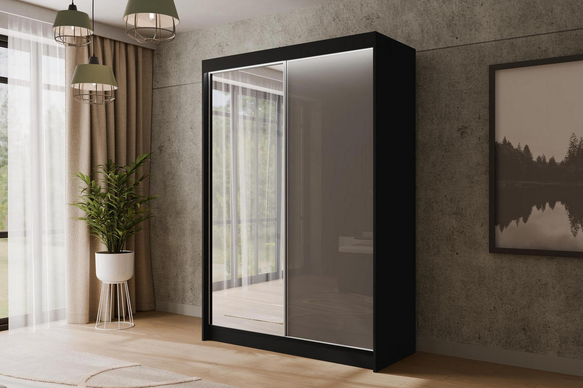 KLEIDERSCHRANK VESLI mit LED - 120 cm - Schwarz|Grau - Schwarz/Grau, Holzwerkstoff (120/215/61cm) - ALTDECOR