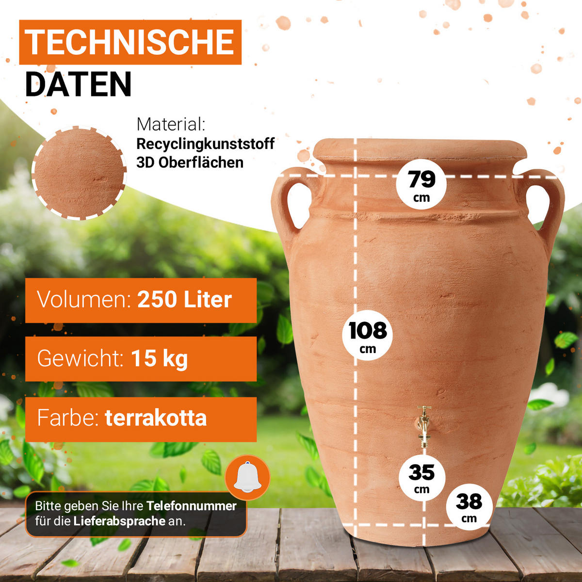 AMPHORE Regentonne 250 L, kotta - Terracotta, Kunststoff (70/108/70cm) - GARANTIA