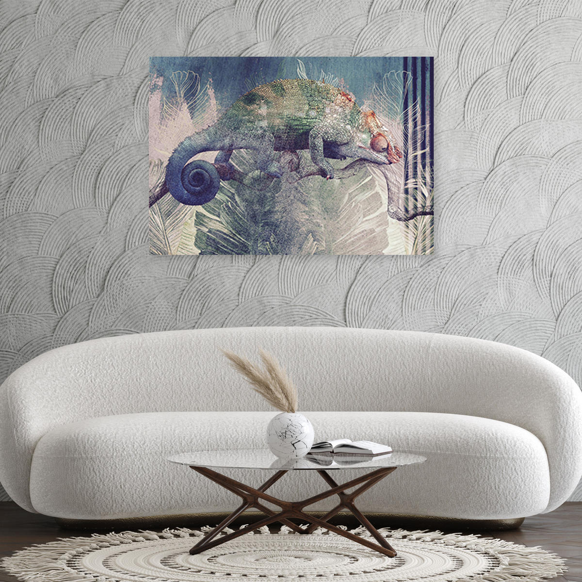 WANDBILD chamäleon auf einem zweig - Blau, Textil (60/40cm) - Feeby