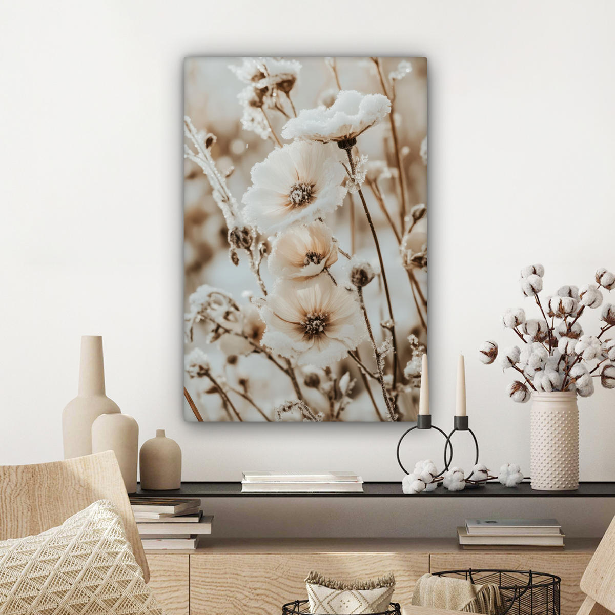 LEINWANDBILD Blumen - Winter - Weiß - Schnee - Beige Wanddeko 40x60 cm - Creme, Textil (40/60cm) - MuchoWow