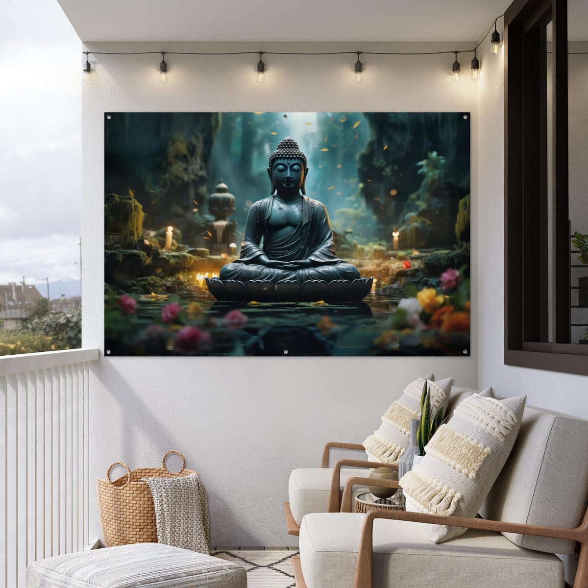 ZAHRADNÍ PLAKÁT Buddha - Socha - Buddha - Zen - Umění - Buddha 180x120 cm - tmavě šedá, plast (180/120/0.2cm) - OnlyWow