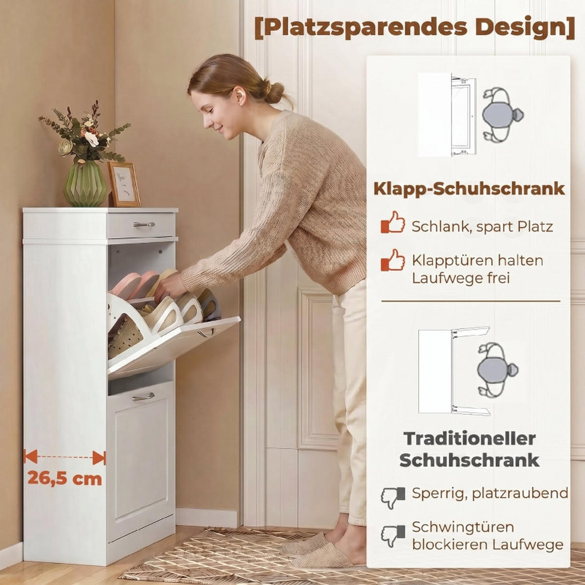 SCHUHKIPPER DE-38050 53/26,5/89 cm mit 2 Klappfächern und Schublade Weiß - Weiß, Holzwerkstoff (53/89/26.5cm) - ComfortXL