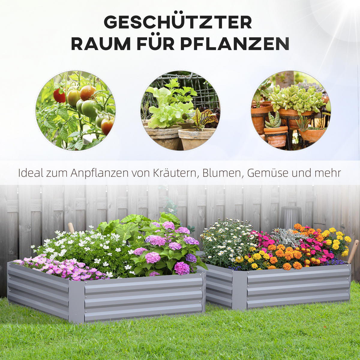 PFLANZENBEET-SET, Pflanzkübel, Blumenkübel für Garten, Terrasse, Verzinkter Stahl, Grau, 100 x 100 x 30 cm - Grau, Holz (100/30/100cm) - Outsunny