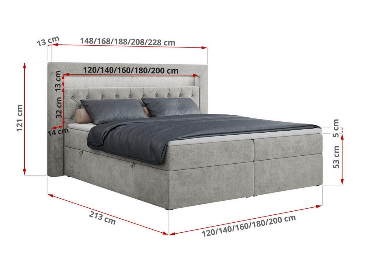 BOXBETT GOLD-6 LED 160/200 Hellgrau Struktur - H3 - Hellgrau, Holz/Textil (160/200cm) - MKS