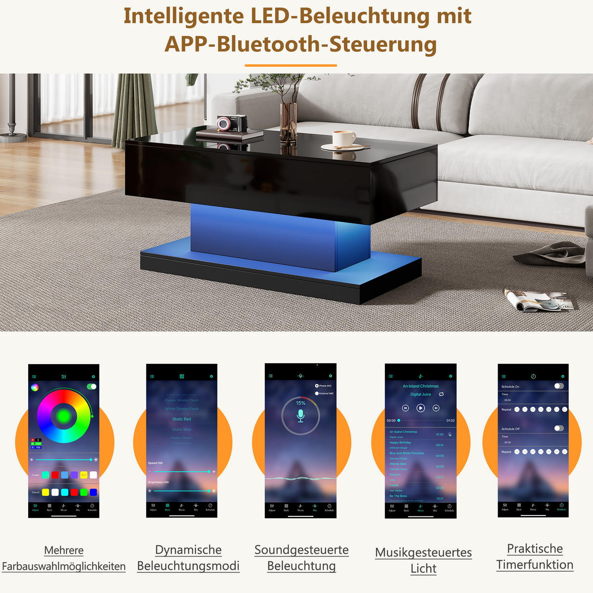 COUCHTISCH Hochglanz Schwarz mit LED Liftfunktion & Stauraum 100×50 cm - Schwarz, Holzwerkstoff (50/100/45cm) - Urban Meuble