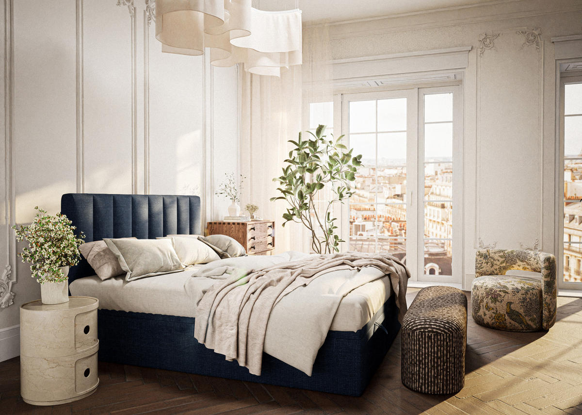 BOXBETT 180/200 cm Lovage M, in Marineblau, Matratze, gepolstertes Kopfteil, Bettkasten, H3 = fest - Schwarz/Dunkelblau, Holz/Holzwerkstoff (180/200cm) - Maison de Reve