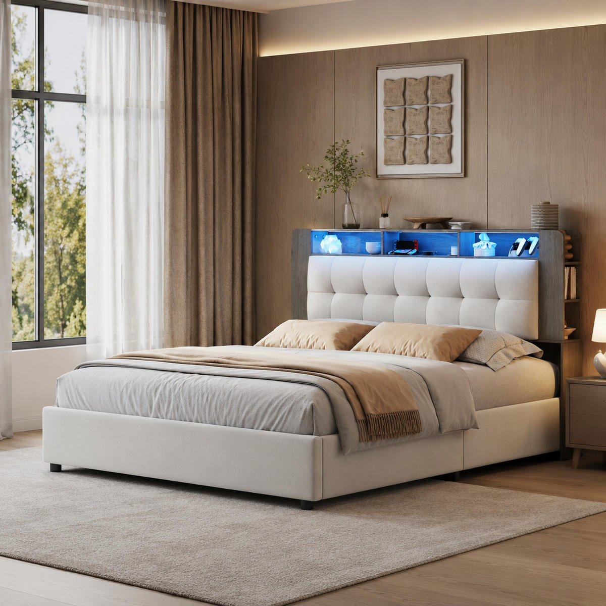 POLSTERBETT 140/200 cm mit Stauraum‑Kopfteil, RGB‑LED‑Beleuchtung & USB‑Anschluss, modernes Stoffbett - Beige, Holz/Metall (140/200cm) - Joyfair
