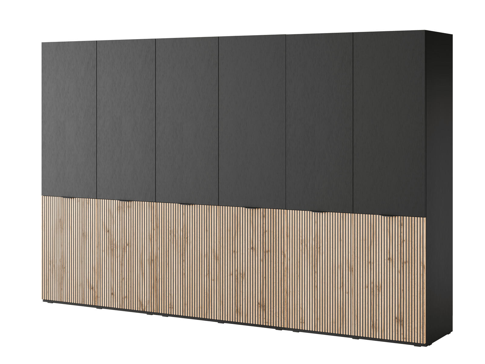 KLEIDERSCHRANK ZEN (Modular, Schwarz, Wotan Eiche Rillenfront, 6-türig) - Eiche Wotan/Schwarz, Holz/Holzwerkstoff (303/200/51cm) - Ravio