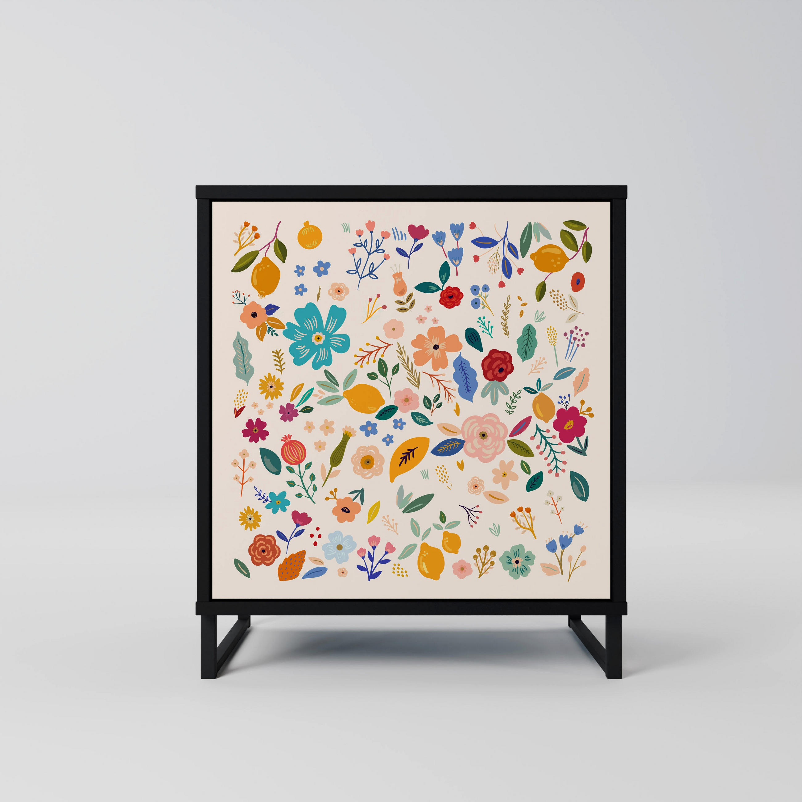 SIDEBOARD FLORAL COMBINATION, Schwarz, 57,5x42x67,5 cm, Schwarze Metall-Rahmenfüße - Multicolor/Schwarz, Holzwerkstoff/Metall (57.5/67.5/42cm) - SpaceRebels