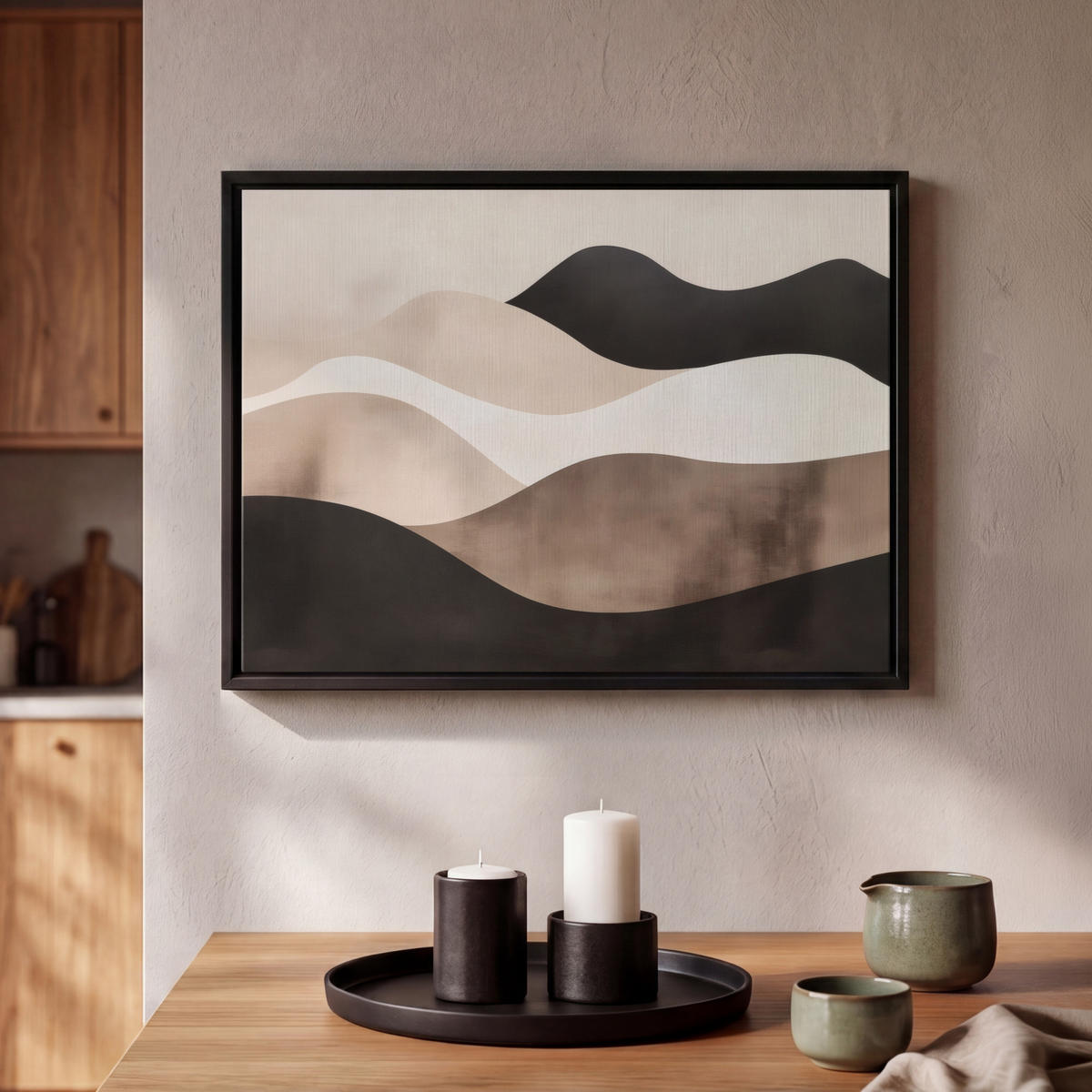LEINWAND Bilder mit Rahmen - Abstrakt - Landschaft - Wellen - Cremefarben - 40x30 - Cappuccino, Textil (40/30cm) - MuchoWow