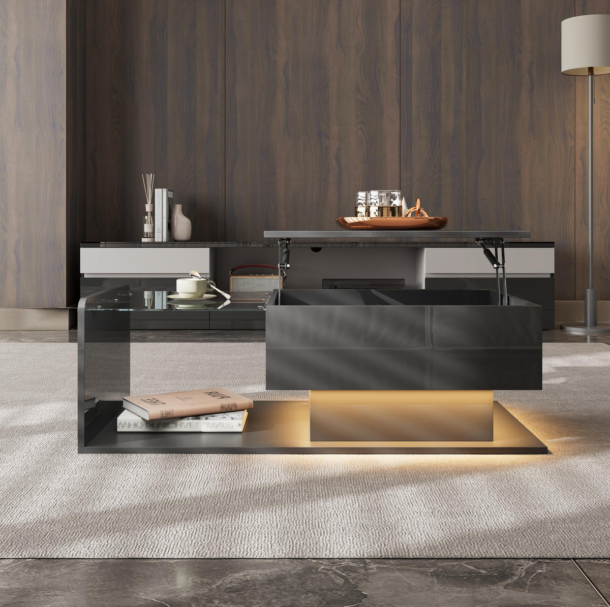 KONFERENČNÍ stolek, 100/50/33-47,5 cm černý, s nastavitelnou výškou a LED - černá, kompozitní dřevo (110/50/47.5cm) - BEAOK