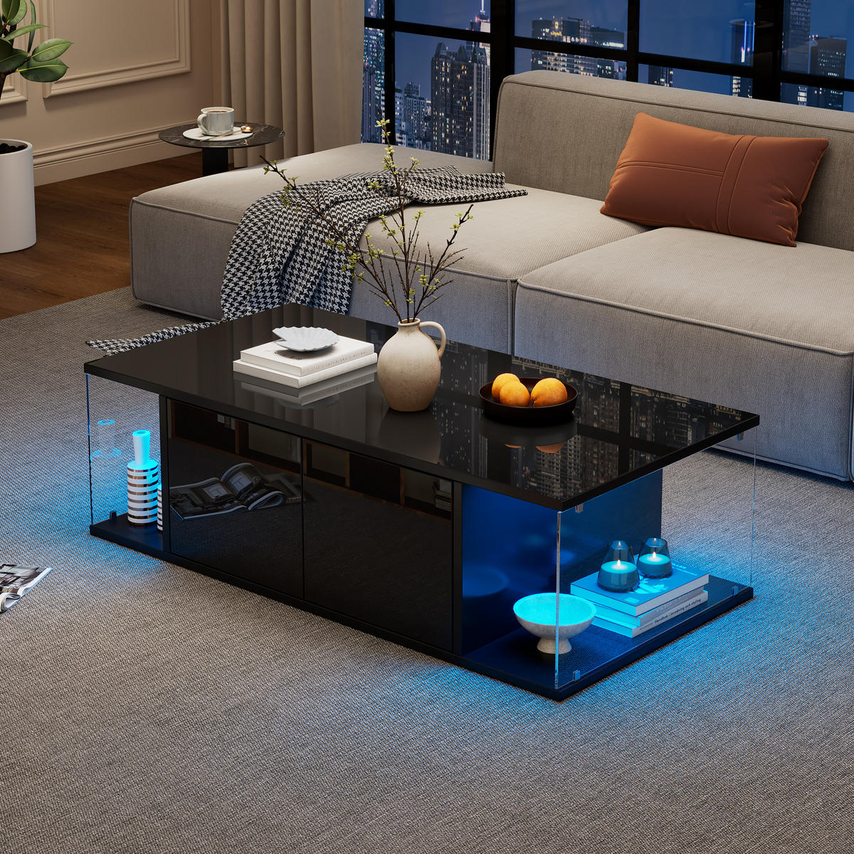 COUCHTISCH 100/50/30 cm schwarz mit Hochglanz-Design und LED-Beleuchtung - Schwarz, Holzwerkstoff (100/50/30cm) - OKWISH