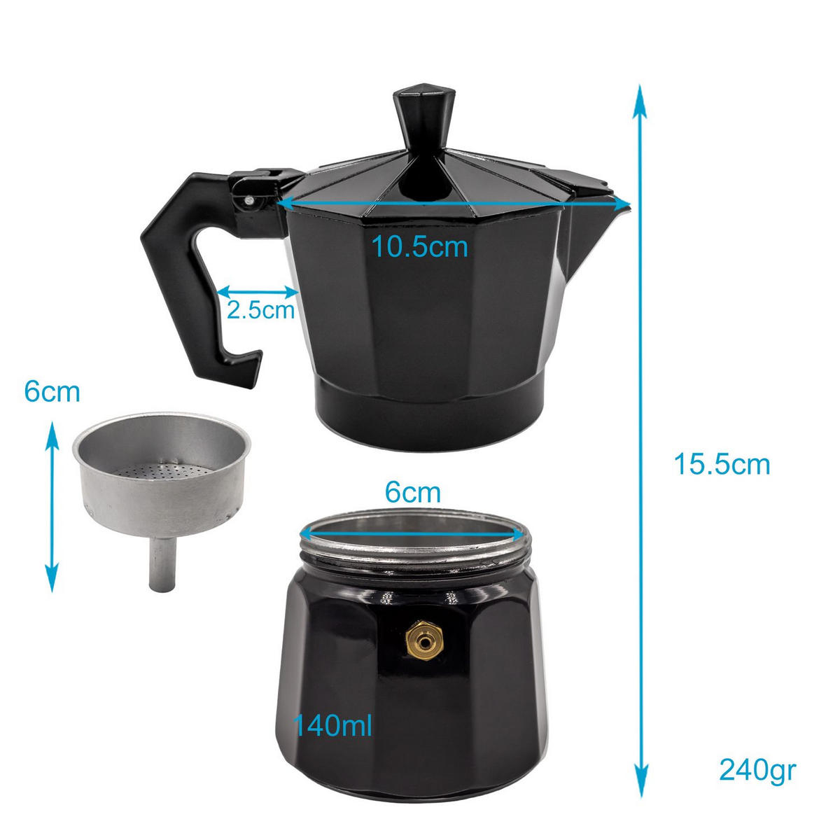 ESPRESSOKOCHER Aluminium 3 Tassen Mokka-Kanne - Schwarz, Metall (8.5/10/16cm) - Intirilife