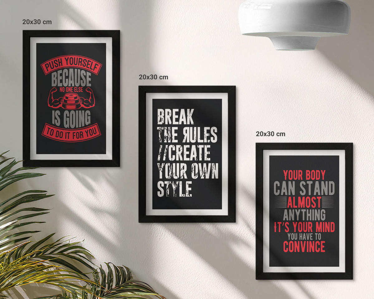 WANDBILDER 3er-Set - 20x30 cm Schwarzer Rahmen - Motivation, Training, Selbstentwicklung - Schwarz, Kunststoff (20/30cm) - ArtPrintCave